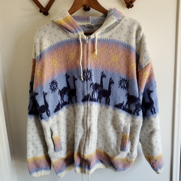 Yari Artesanias Jackets & Blazers - Vintage Wool Llama Sweater w/Hood | Lg